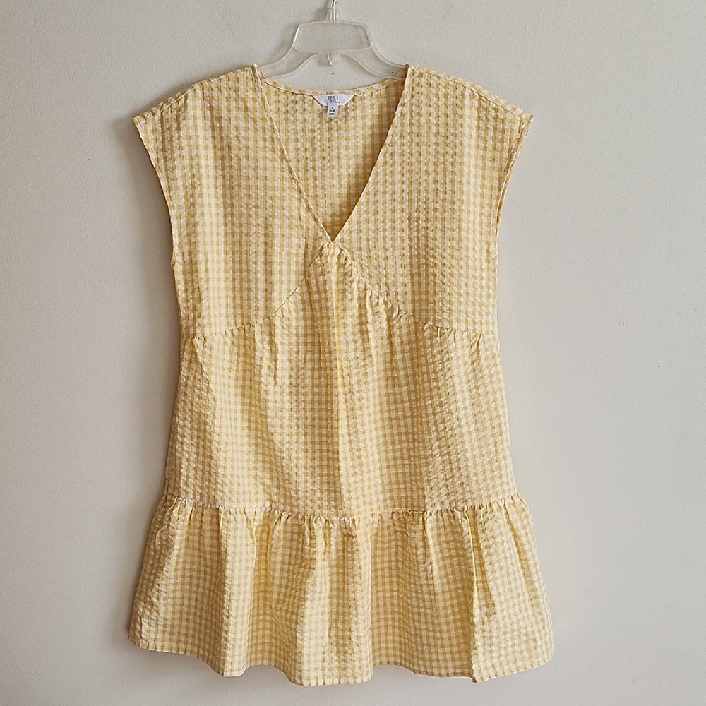Time and Tru Yellow Gingham Checkered Mini Dress Prarie Cottagecore Size Small